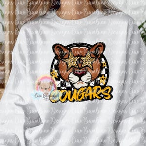 Cougars Mascot PNG for Sublimation Designs, Stickers, School Spirit Shirt | Preppy Mascot Shirt Clip Art |  Black & Gold | INSTANT DOWNLOAD