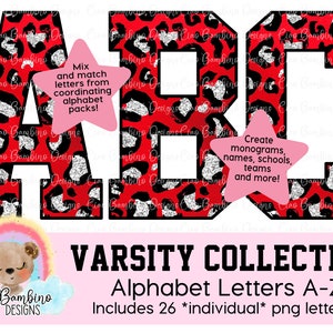 Red Metallic and Silver Glitter Leopard Print Alphabet Pack / Letters A Z for Sublimation Design, Shirts, Transfers / INSTANT DOWNLOAD image 1