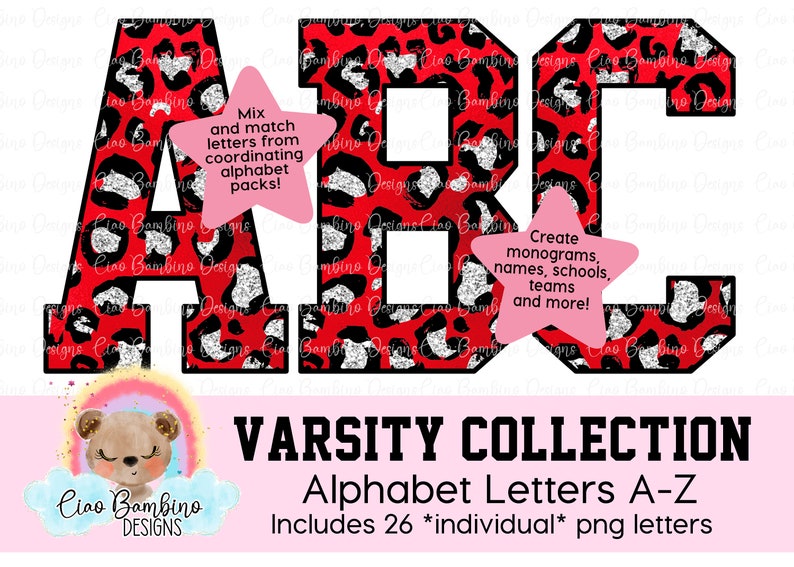 Red Metallic and Silver Glitter Leopard Print Alphabet Pack / Letters A Z for Sublimation Design, Shirts, Transfers / INSTANT DOWNLOAD image 1