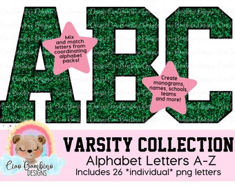 Dark Green Glitter Alphabet Pack /Glitter Varsity Cheer Letters A - Z for Sublimation Designs, Game Day Shirts, Planners / INSTANT DOWNLOAD