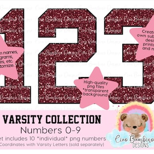 Kastanjebruin glitter-varsitynummerpakket / Glitter-varsitynummers 0-9 voor sublimatieontwerpen, gamedagshirts, planners / INSTANT DOWNLOAD