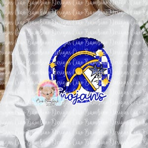 Trojans Mascot PNG for Sublimation Designs, Stickers, School Spirit Shirt | Preppy Mascot Shirt Clip Art | Blue Gold | INSTANT DOWNLOAD