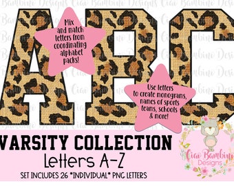 Leopard Print Alphabet Pack / College Varsity Football Letters A - Z for Sublimation Designs, Game Day Shirts, Planners / INSTANT DOWNLOAD