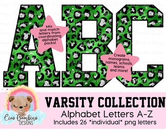 Groen & Zilver Metallic Folie en Glitter Leopard Print Alfabet Pack / Alphapack / Letters A - Z voor sublimatieontwerpen / Cheetah Alfabet