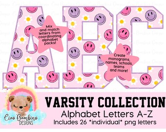 Groovy smileygezicht alfabetpakket | Varsity Letters A-Z voor sublimatieontwerpen, terug naar schoolshirt, tuimelaars, transfers | DIRECTE DOWNLOAD