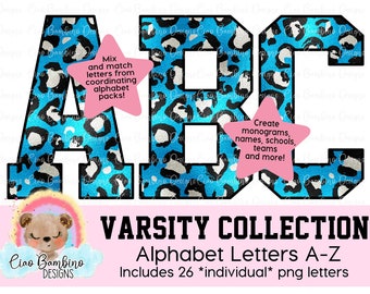 Carolina Blue Metallic Foil Leopard Print Alphabet Pack / Letters A - Z for Sublimation Designs, Shirts, Transfers / INSTANT DOWNLOAD