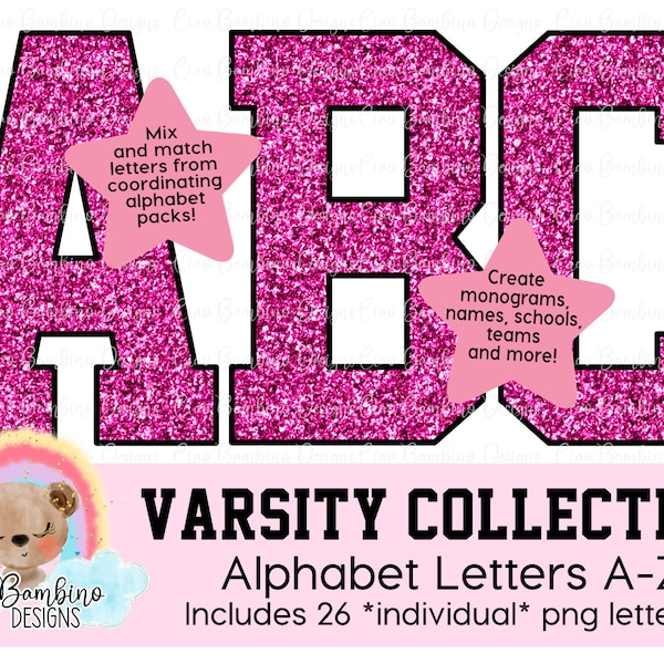 Hot Raspberry Pink Glitter Alphabet Pack / Glitter Varsity Letters A - Z for Sublimation Designs, Shirts, Stickers  / INSTANT DOWNLOAD