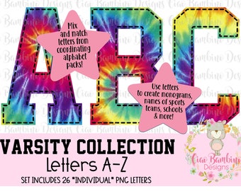 Rainbow Tie Dye Alphabet Pack / Sports Letters A - Z for Sublimation Designs, Game Day Shirts, Stickers, School Colors / INSTANT DOWNLOAD