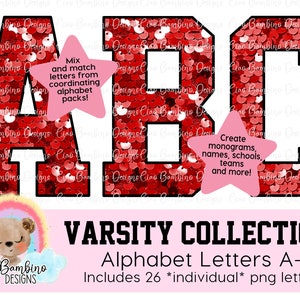 Red Sequin Alphabet Pack / Faux Glitter Varsity Letters A Z for Sublimation Designs, Shirts, School Mascot, Game Day / INSTANT DOWNLOAD image 1