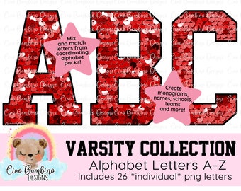 Red Sequin Alphabet Pack / Faux Glitter Varsity Letters A - Z voor sublimatieontwerpen, shirts, schoolmascotte, speldag / INSTANT DOWNLOAD