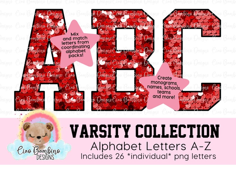 Red Sequin Alphabet Pack / Faux Glitter Varsity Letters A Z for Sublimation Designs, Shirts, School Mascot, Game Day / INSTANT DOWNLOAD image 1