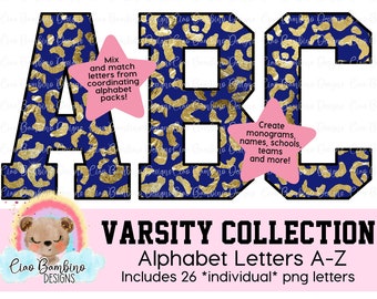 Blauw en goud folie Leopard Print Alfabet Pack / Letters A - Z voor sublimatieontwerpen, shirts, transfers, sticker / INSTANT DOWNLOAD