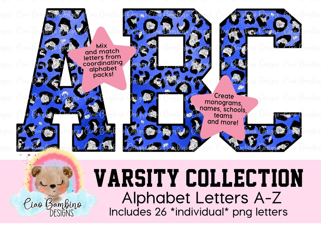 Blue Metallic and Silver Glitter Leopard Print Alphabet Pack / Letters ...