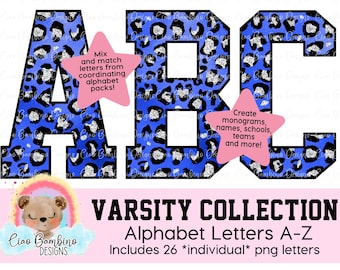 Blue Metallic and Silver Glitter Leopard Print Alphabet Pack / Letters A - Z for Sublimation Design, Shirts, Transfers / INSTANT DOWNLOAD