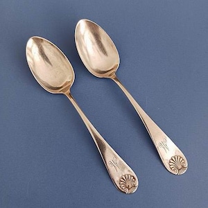 May include: Two silver spoons with oval bowls and long, slender handles. Each spoon has an engraved initial and a decorative shell design at the end of the handle. The spoons are set against a blue background.