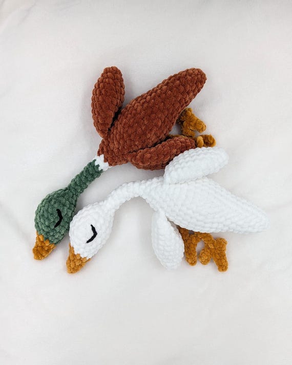 Handmade Crochet Goose or Mallard Duck Plushie, Sleepy Huggable Toy, Snuggly Little Baby Shower Gift made with Embroidered Eyes