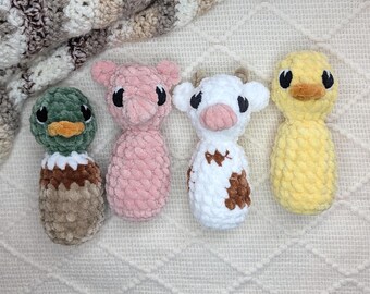 Handmade Crochet Farm Animal Rattle with Embroidered Eyes, Farm Peg Dolls