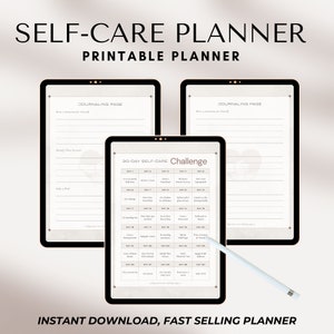 Könnte beinhalten: Druckbarer Selbstpflege-Planer mit einer 30-Tage-Herausforderung, zwei Tagebuchseiten und dem Text "SELF-CARE PLANNER" und "PRINTABLE PLANNER".