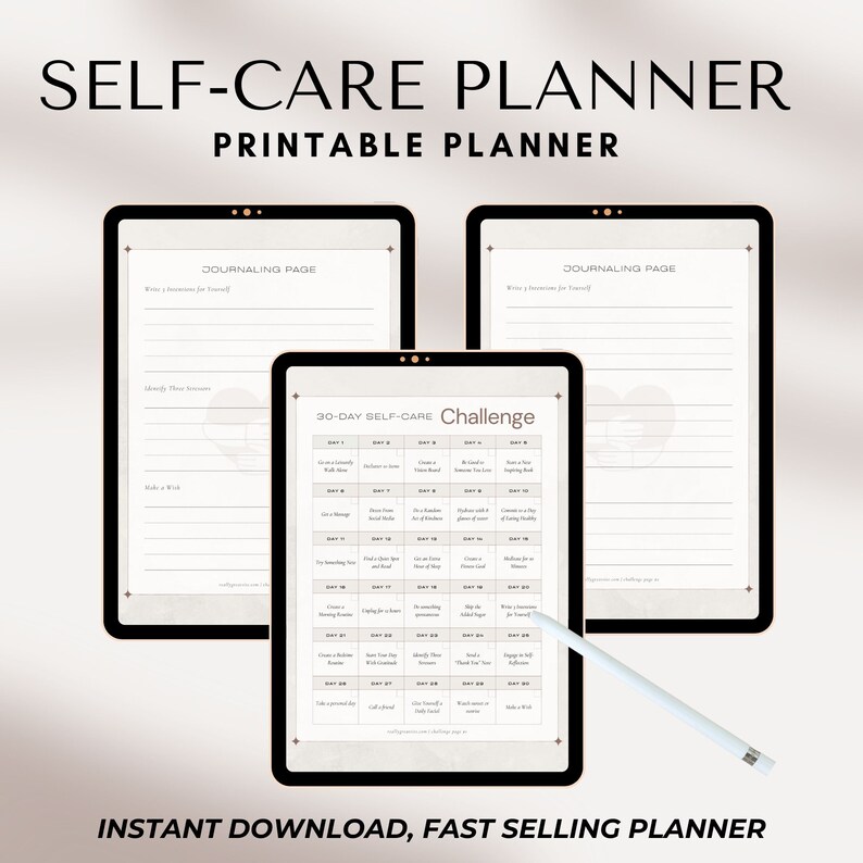 May include: Printable self-care planner with a 30-day challenge, two journaling pages, and the text "SELF-CARE PLANNER" and "PRINTABLE PLANNER".