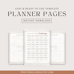 May include: Printable planner pages with a 30-day self-care challenge, a journaling page, and a "Write 3 Intentions for Yourself" page. The pages have a light brown background with a light gray grid pattern.