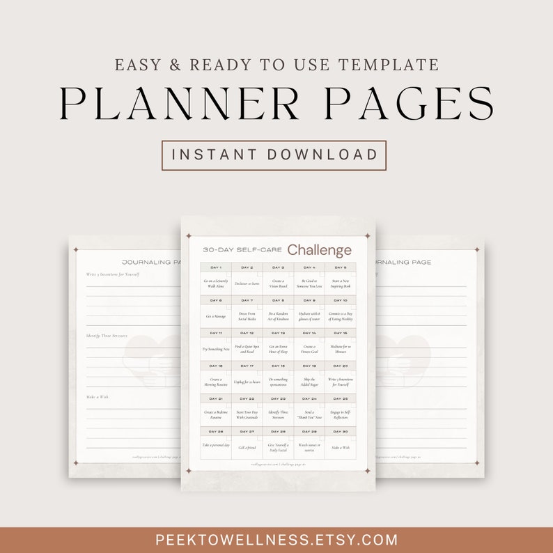 May include: Printable planner pages with a 30-day self-care challenge, a journaling page, and a "Write 3 Intentions for Yourself" page. The pages have a light brown background with a light gray grid pattern.