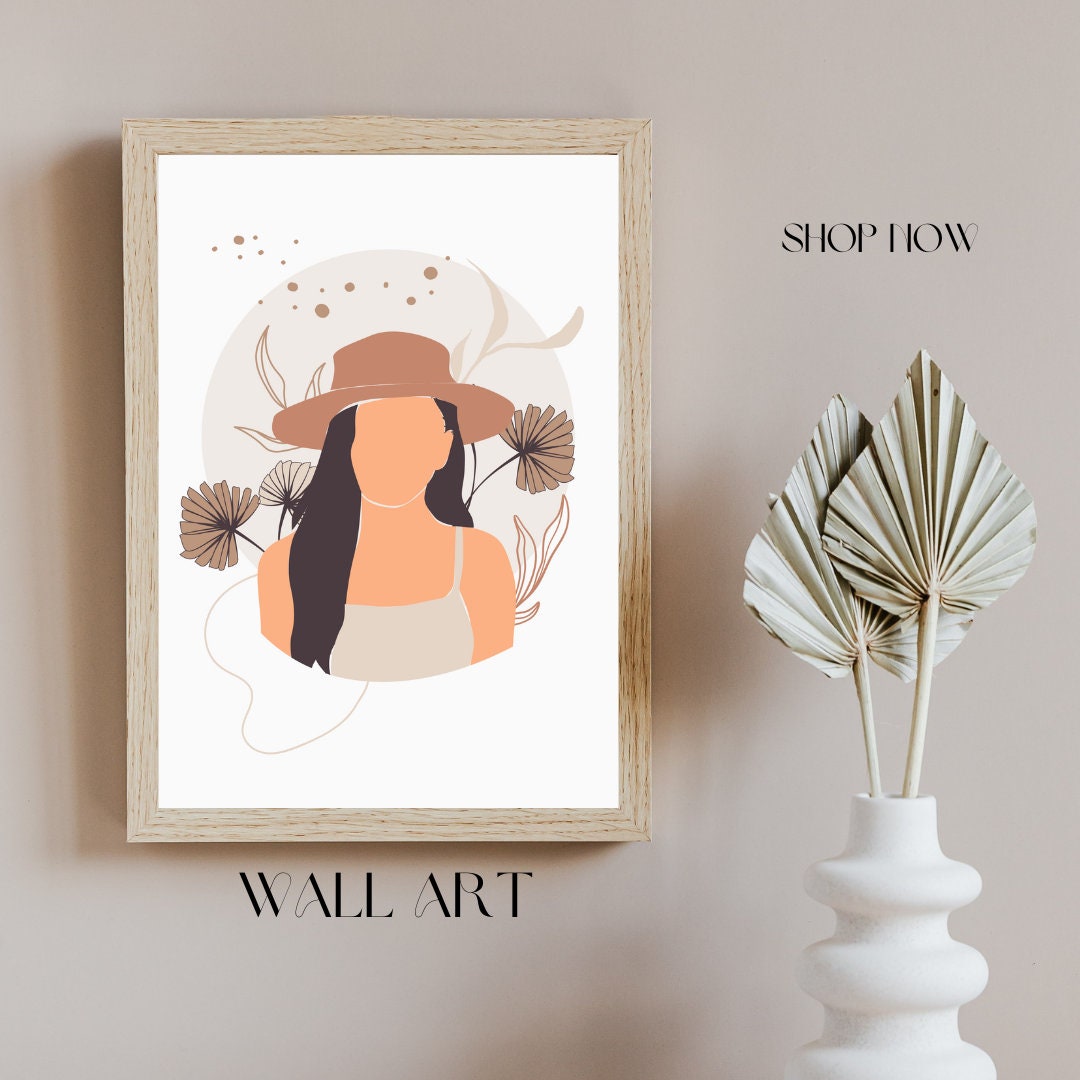 Boho Woman Art Print, Woman Line Art, Flower Wall Art, Boho Floral ...