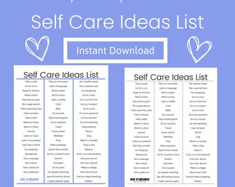 Self Care Ideas List, Self Love, Mental Health, Wellness | Mindfulness, Self Care Routine, Journal |Instant Digital Download, PDF, Printable