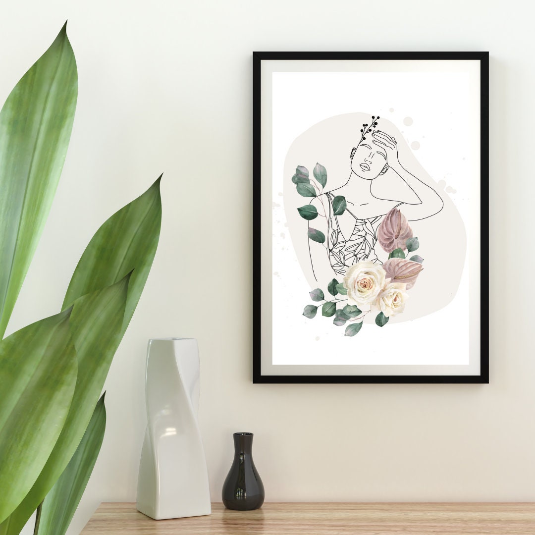 Boho Woman Art Print, Woman Line Art, Flower Wall Art, Boho Floral ...