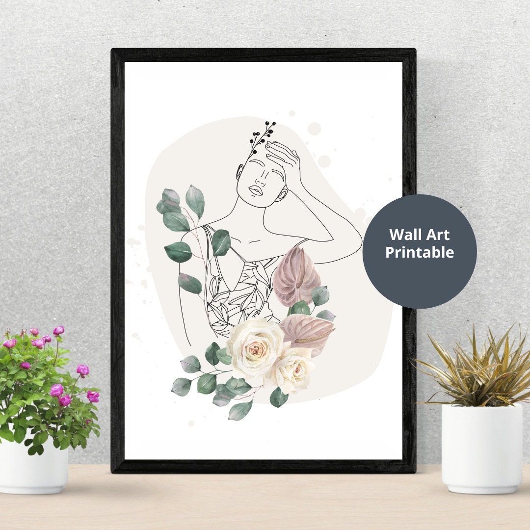 Boho Woman Art Print, Woman Line Art, Flower Wall Art, Boho Floral ...