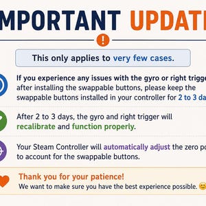May include: An informational graphic titled IMPORTANT UPDATE with instructions for Steam Controller swappable buttons. It advises keeping buttons installed for 2 to 3 days for gyro and right trigger recalibration, ending with a thank you message.