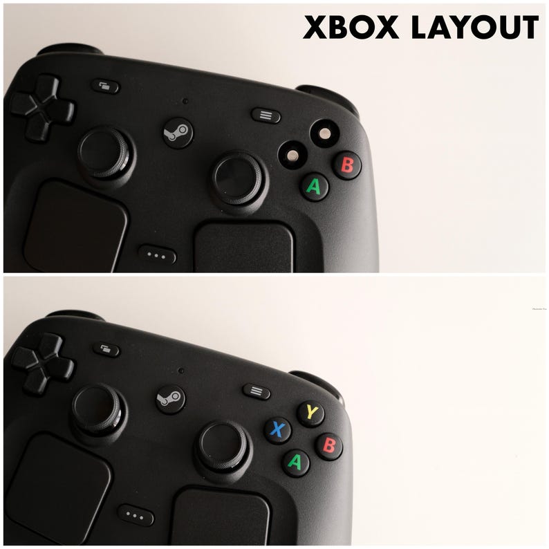 Może przedstawiać: Czarny kontroler do gier wideo z dwoma r&oacute;żnymi układami przycisk&oacute;w oznaczonymi jako XBOX LAYOUT. G&oacute;rny widok pokazuje przyciski A i B, natomiast dolny widok przedstawia przyciski A, B, X i Y. Oba widoki zawierają dwa joysticki, przycisk z logo Steam oraz panele dotykowe.