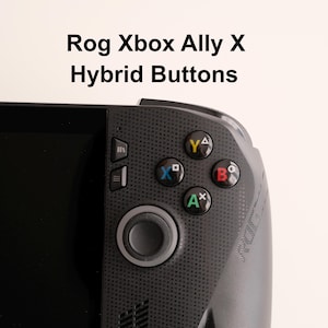 May include: Close-up of a handheld gaming device with the text "Rog Xbox Ally X Hybrid Buttons" at the top. The device features a black textured surface with colorful buttons labeled X, Y, A, and B. A circular control pad is visible.