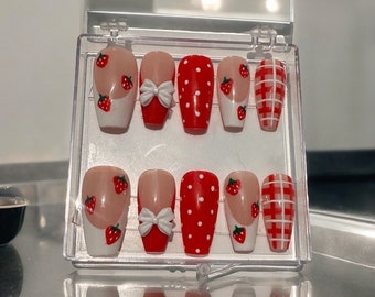 FREE SHIPPING strawberry field handmade  gel press on nails