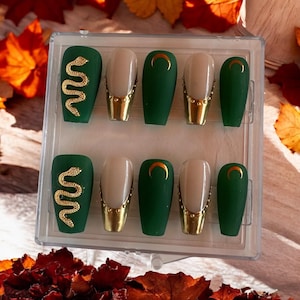 Handmade Fall Green Snake Press On Nails