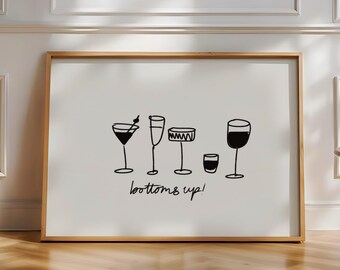 Unten! Wandkunst | Hand gezeichneter Cocktail Druck, modernes Bar Dekor, schickes Bar Warenkorb Poster, lustiger digitaler Download für Küche oder Hausbar