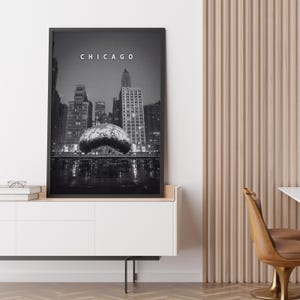 Chicago Bean Cityscape Wall Art - Urban Skyline Digital Print, Modern Chicago Poster, “CHICAGO” Typography Art, Printable City Decor