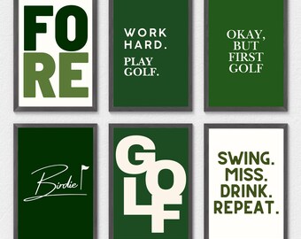Golf muurkunst set van 6 – moderne golfprints, minimalistisch sportdecor, golfliefhebber cadeau, modern golf man cave decor, digitale download golfset
