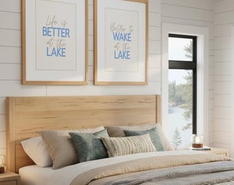 Lake House Wall Art Duo-Set - Better to Wake at the Lake Prints, Das Leben ist besser am See Dekor, Lakehouse Digital Download Art Set