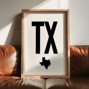 Texas Wall Art Printable TX State Abbreviation Digital Download Minimalist Texas Decor Black Typography Home Office Wall Decor, Texas Prints