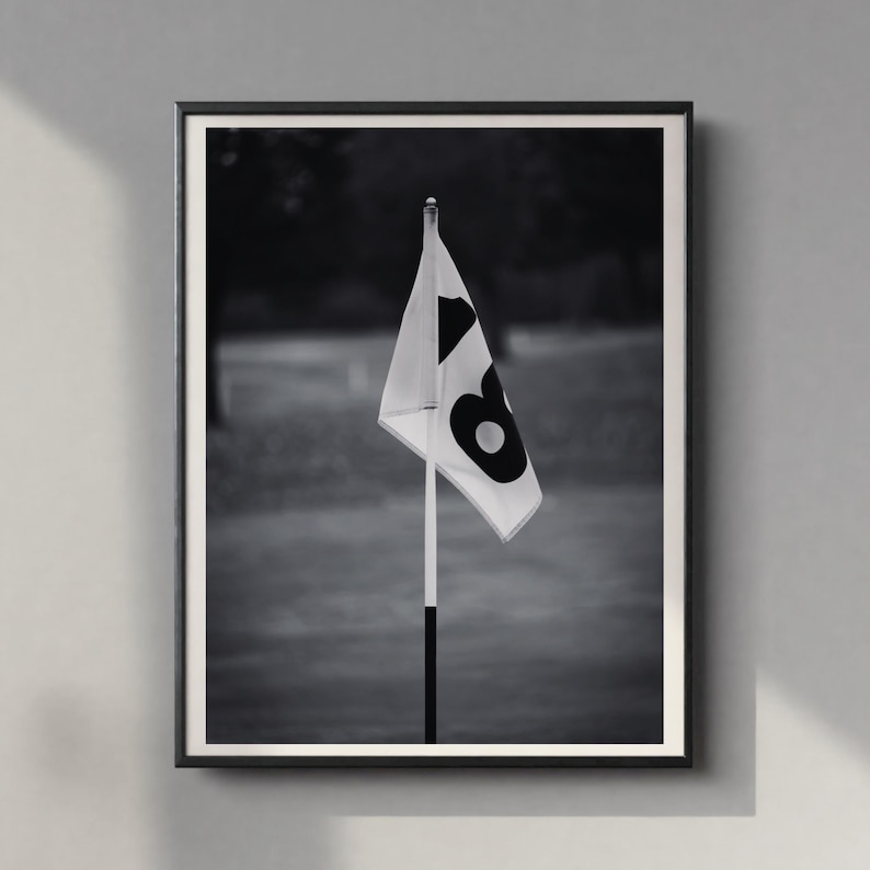 May include: Black and white framed photograph of a golf course flag. The flag is white with a large black number 8. The flag is on a pole with a black and white striped design. The background is blurred, showing the green grass of the golf course.