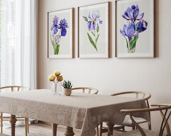 Juego de 3 impresiones florales moradas para pared: impresiones digitales botánicas, trío de flores de acuarela, decoración moderna y elegante para dormitorio o sala de estar.