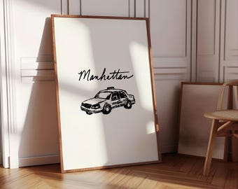Manhattan Wall Art Print | Chic New York Poster | Minimal Line Art Taxi Illustration | Modern City Decor | NYC Apartment Art Gift