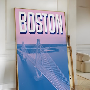 Boston Digital Wall Art – Pink & Blue Boston Poster with Bridge, Modern Cityscape Print, Printable Boston Decor, Urban Minimalist Artwork