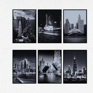 Chicago Landmarks Wall Art Set of 6 – Chicago Skyline Prints, Chicago Wall Art, Urban Digital Download, Chicago Wall Decor, Chicago Prints