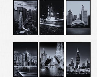 Chicago Landmarks Wall Art Set of 6 – Chicago Skyline Prints, Chicago Wall Art, Urban Digital Download, Chicago Wall Decor, Chicago Prints