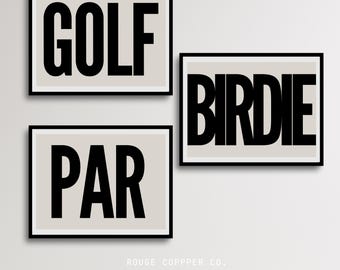 Minimalist Golf Wall Art Set of 3 – GOLF PAR BIRDIE Digital Prints, Modern Golf Decor, Printable Golf Posters for Office, Man Cave or Home