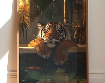 Maximalist Wall Art, Tiger in The Tub, Feminist Wall Decor, Digital Wall Art, Colorful Poster, Trendy Poster, Digital Download