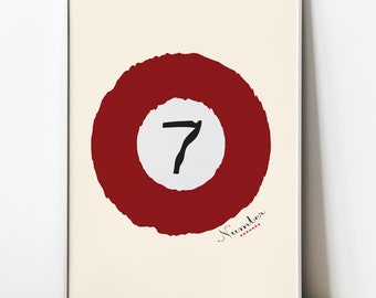 Vintage Pool Ball Print | Number 7 Ball | Hand-Drawn Wall Art | Red Pool Ball | Digital Download