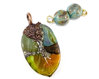 Glass leaf pendant, fall jewelry bead set, electroformed pendant, designer bead set, art glass leaf pendant, colorful leaf necklace