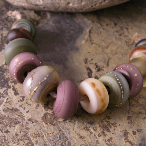 Etched Earthy Orbs Lampwork Bead Set in Plum, Taupe, and Caramel (12)